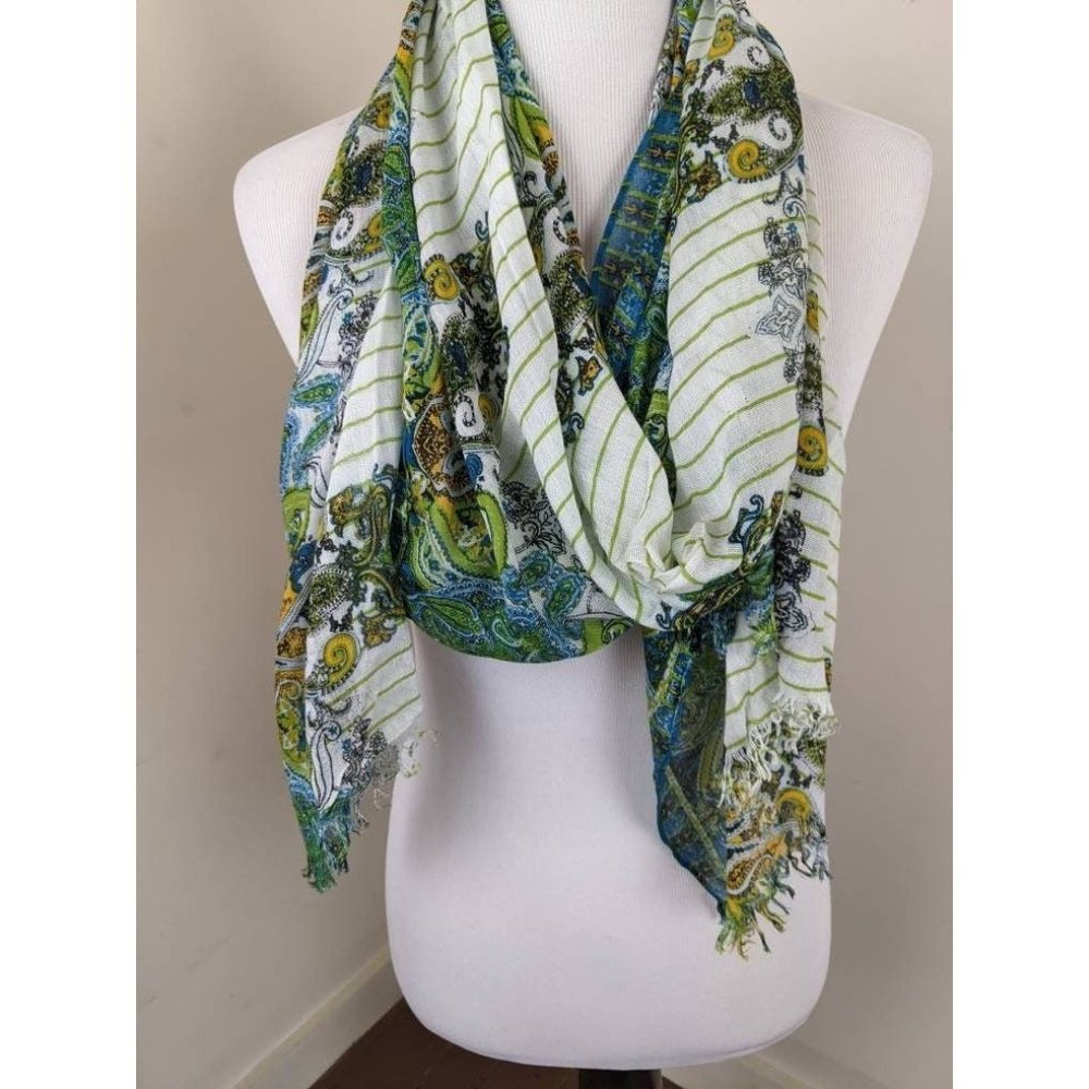 Vtg 70s Blue Green Yellow Boho Scarf with Fringe | Hippie Abstract Paisley Wrap